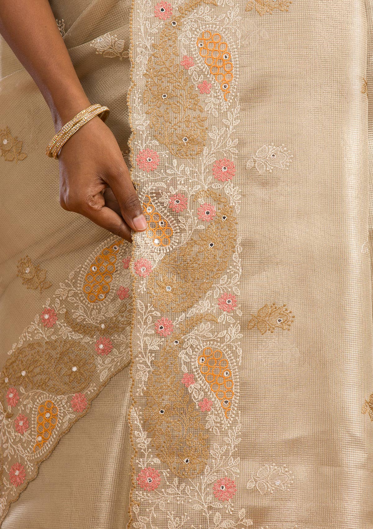 Baby Pink Threadwork Tissue Saree