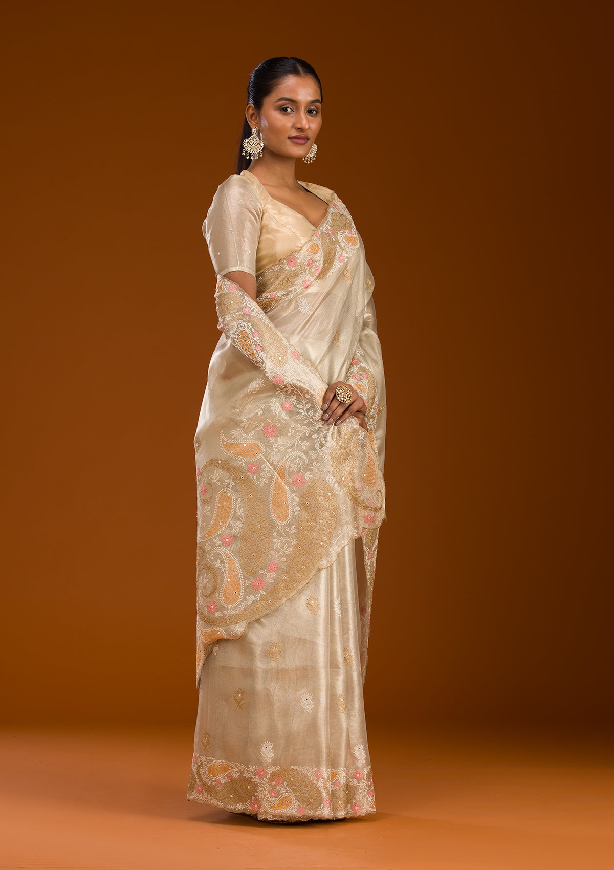 Baby Pink Threadwork Tissue Saree