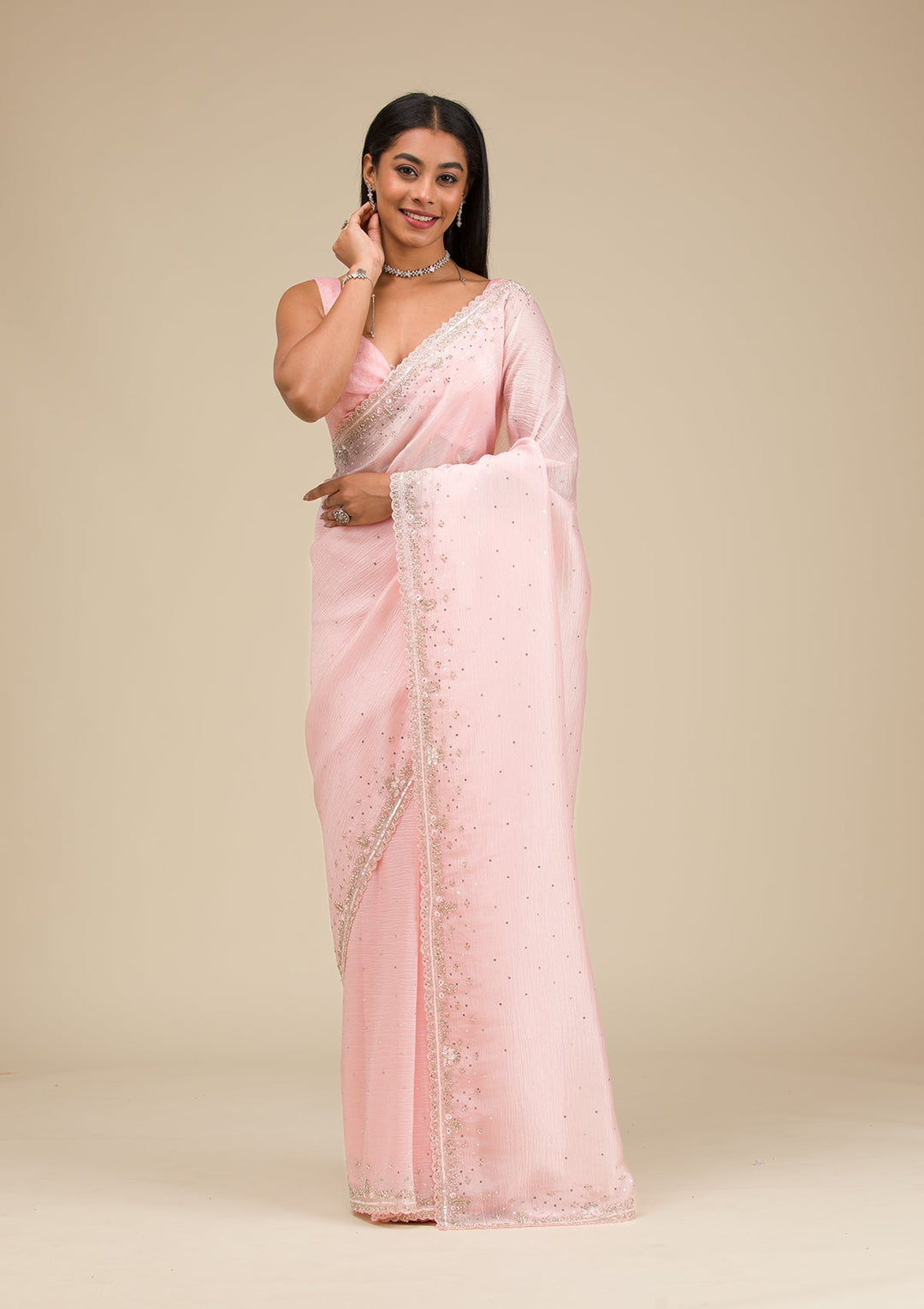 Baby Pink Cutdana Georgette Saree-Koskii