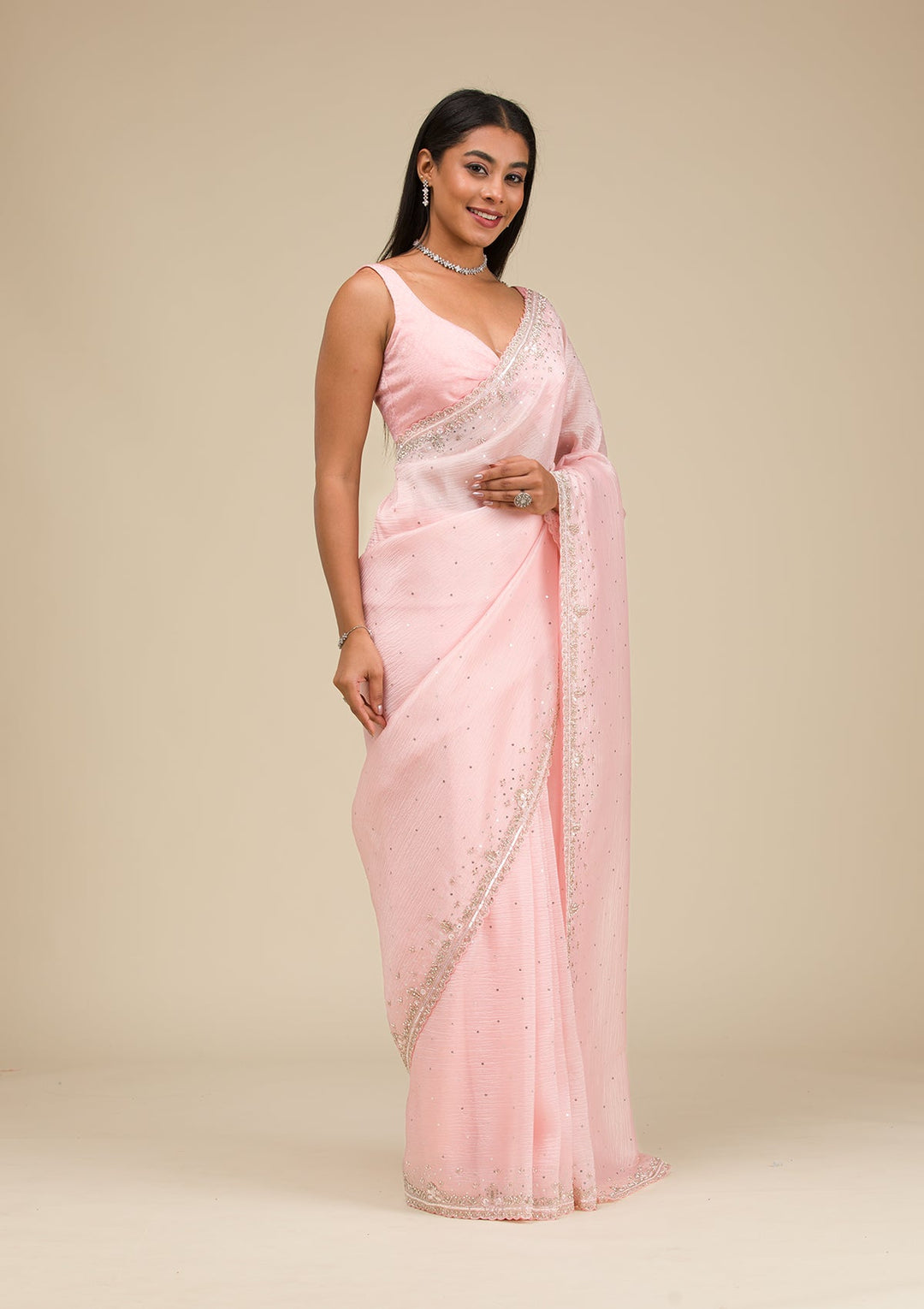 Baby Pink Cutdana Georgette Saree-Koskii