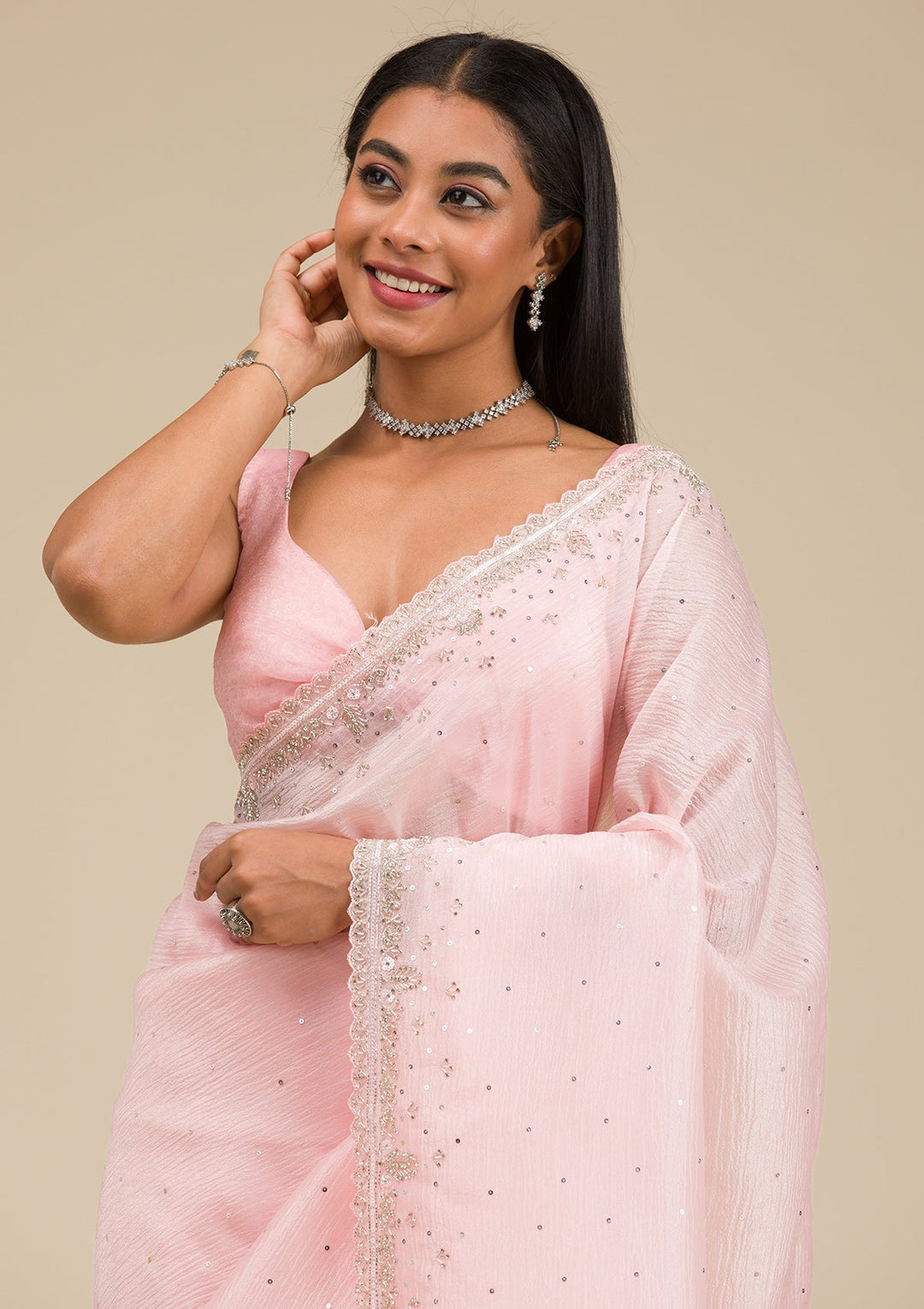 Baby Pink Cutdana Georgette Saree-Koskii
