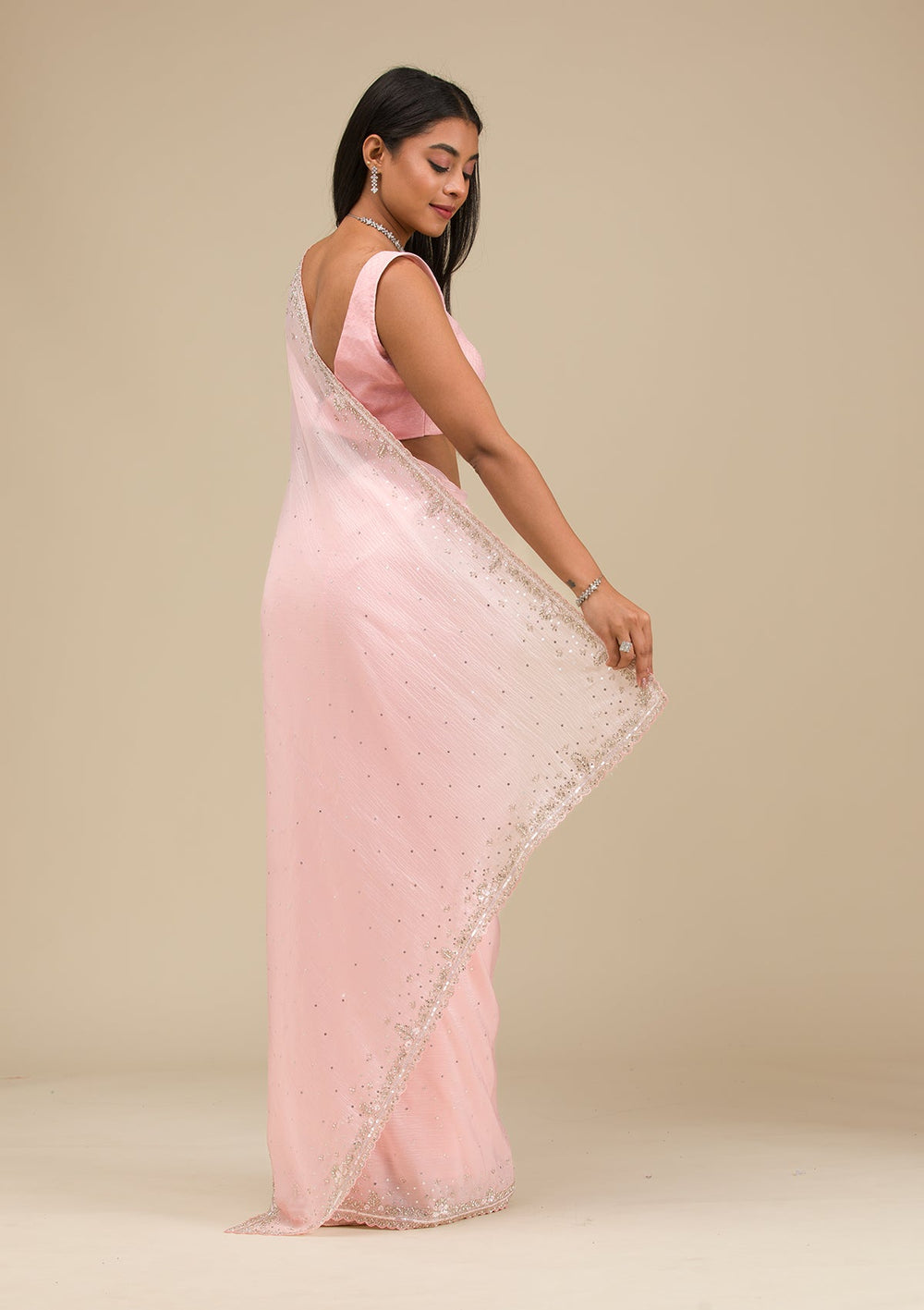 Baby Pink Cutdana Georgette Saree-Koskii