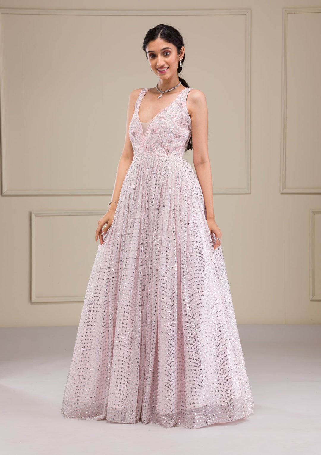 Baby Pink Cutdana Net Gown-Koskii