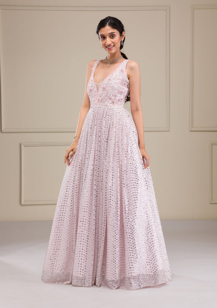Baby Pink Cutdana Net Gown-Koskii