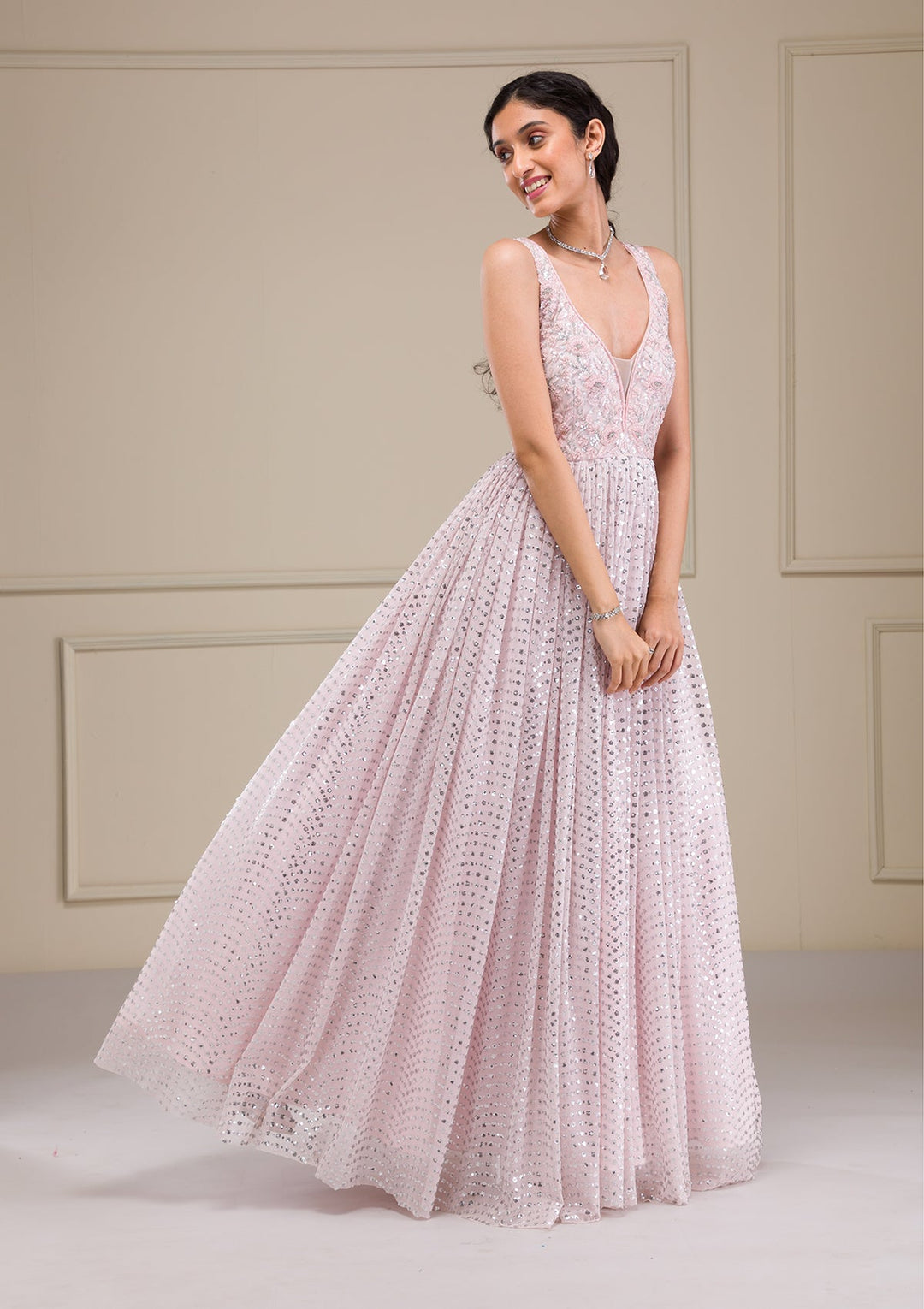 Baby Pink Cutdana Net Gown-Koskii