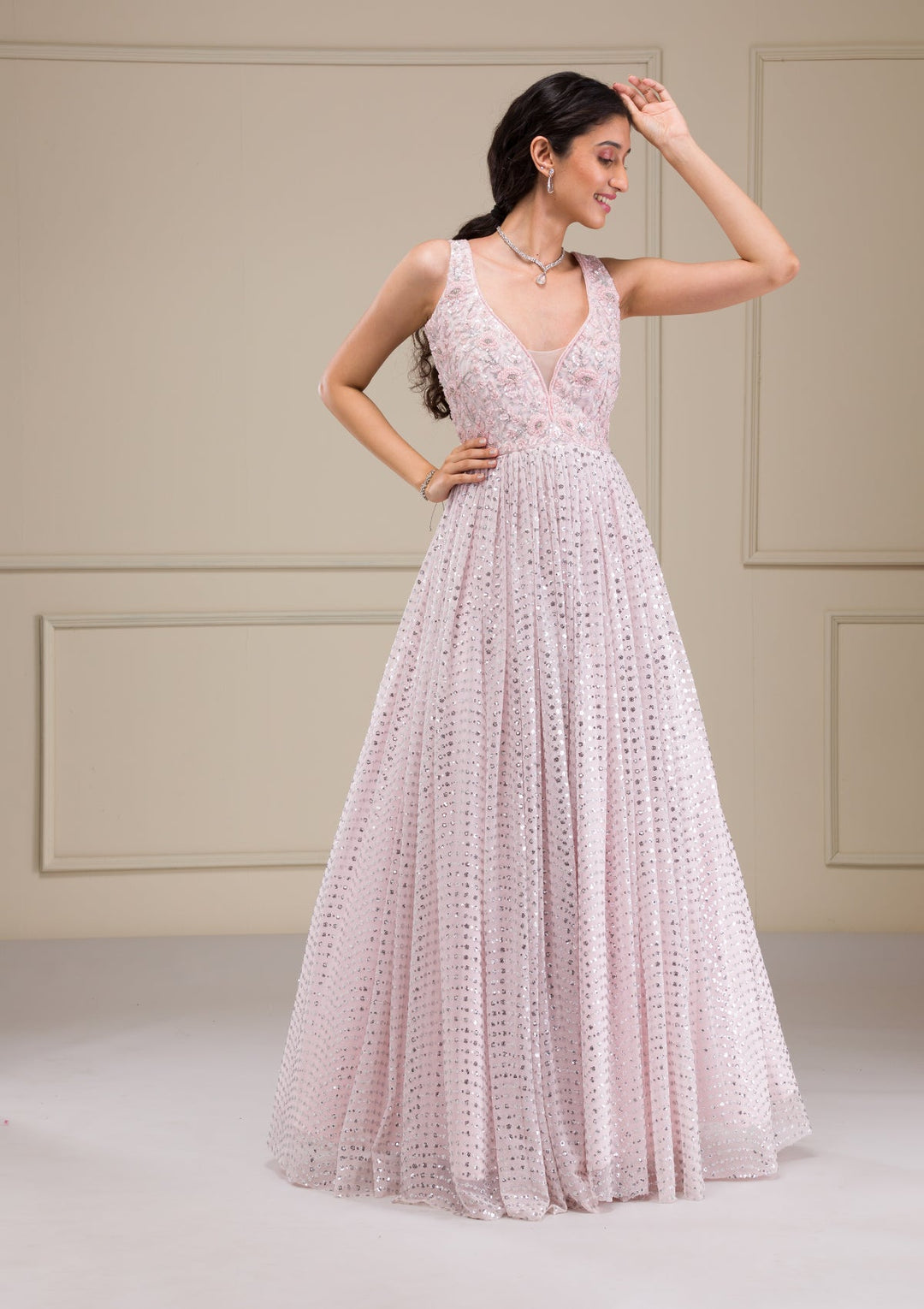 Baby Pink Cutdana Net Gown-Koskii