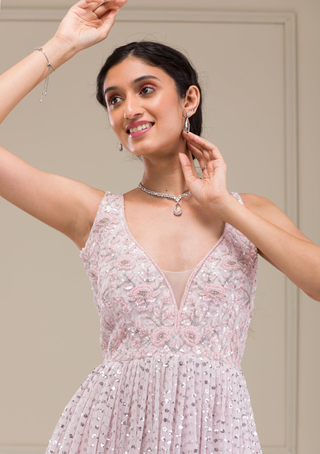 Baby Pink Cutdana Net Gown-Koskii