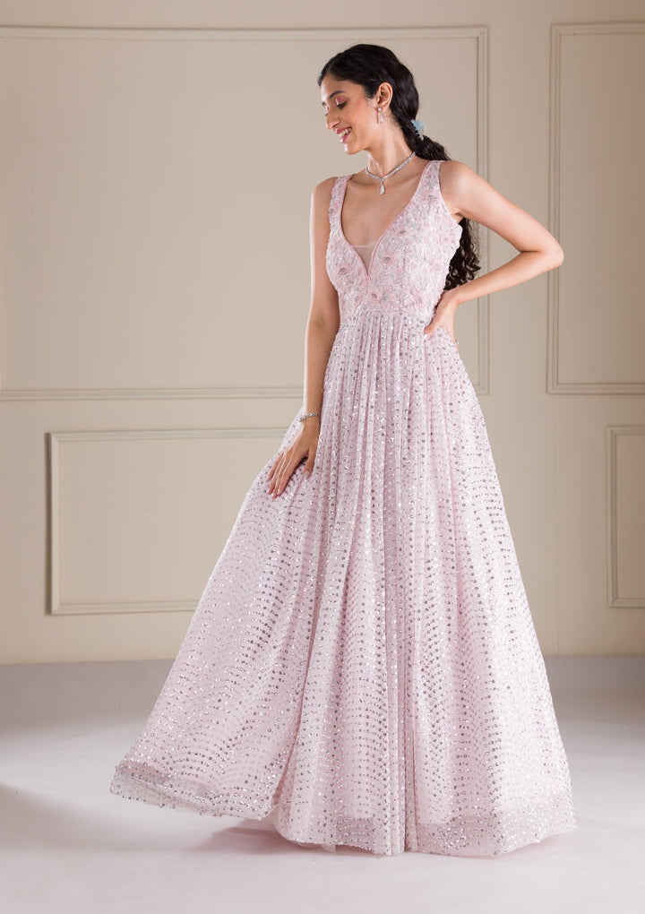 Baby Pink Cutdana Net Gown-Koskii