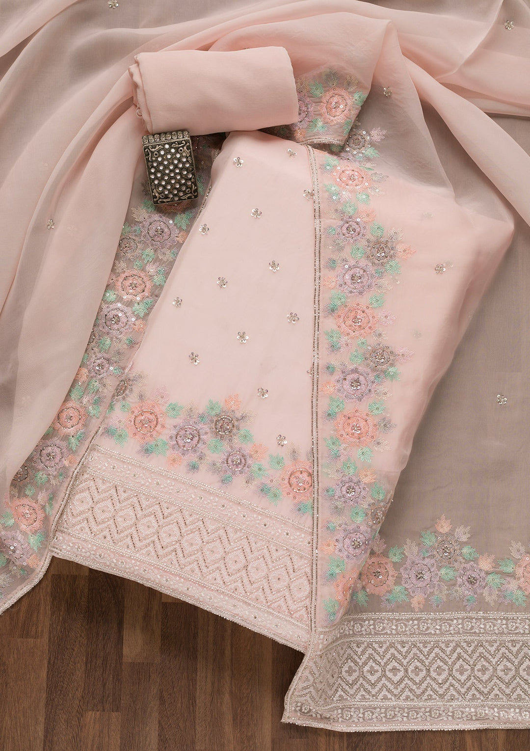 Baby Pink Cutdana Tissue Unstitched Salwar Suit-Koskii