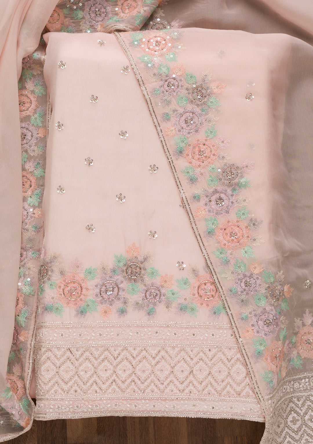 Baby Pink Cutdana Tissue Unstitched Salwar Suit-Koskii
