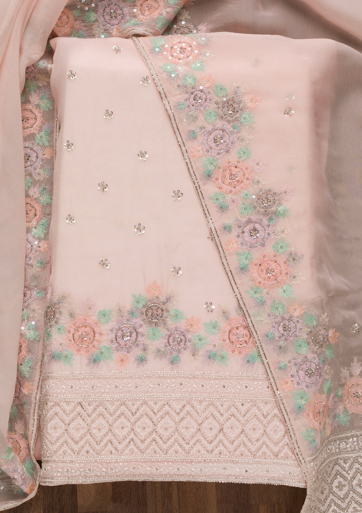 Baby Pink Cutdana Tissue Unstitched Salwar Suit-Koskii