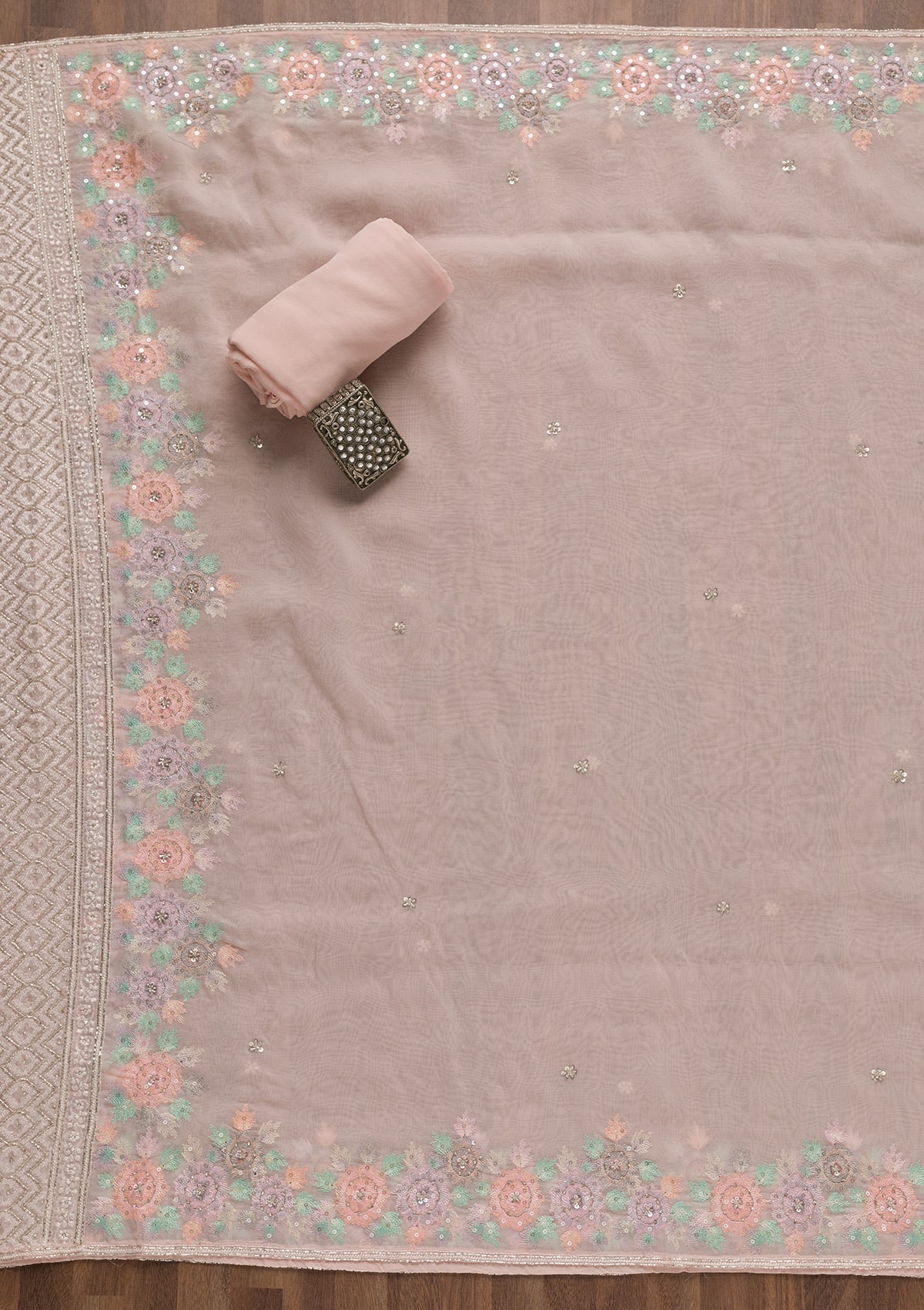 Baby Pink Cutdana Tissue Unstitched Salwar Suit-Koskii