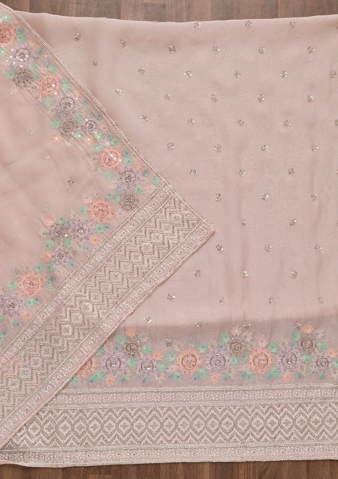 Baby Pink Cutdana Tissue Unstitched Salwar Suit-Koskii