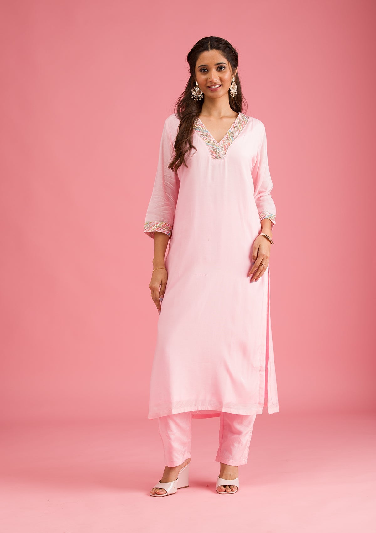 Baby Pink Gotapatti Semi Crepe Readymade Salwar Suit-Koskii