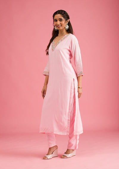 Baby Pink Gotapatti Semi Crepe Readymade Salwar Suit-Koskii