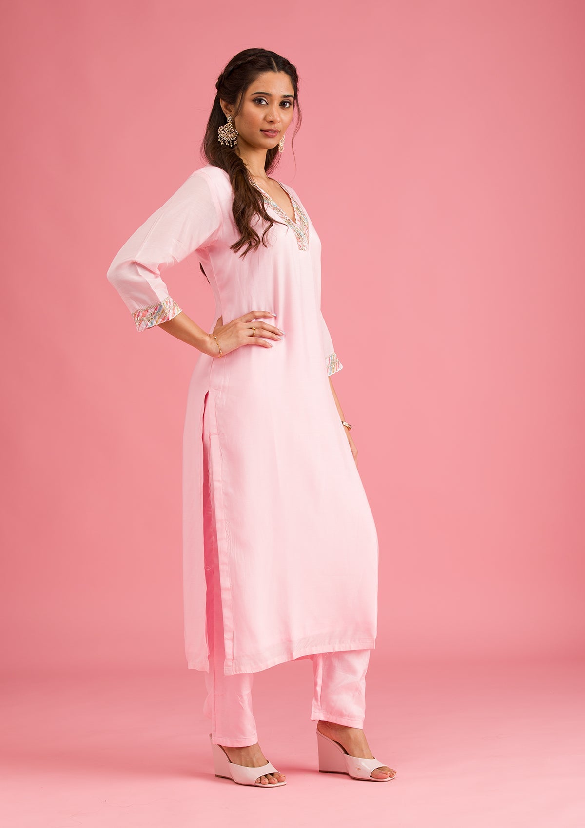 Baby Pink Gotapatti Semi Crepe Readymade Salwar Suit-Koskii