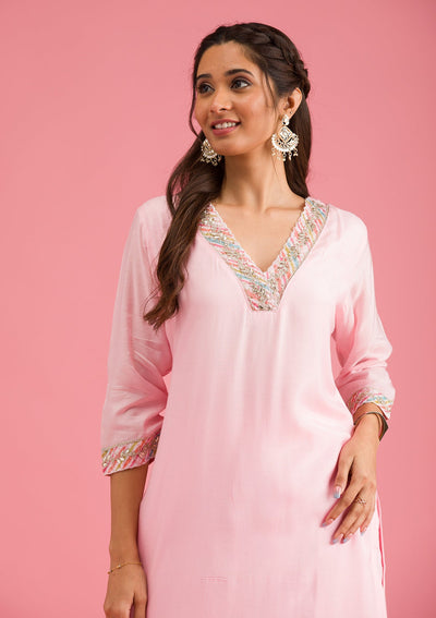 Baby Pink Gotapatti Semi Crepe Readymade Salwar Suit-Koskii