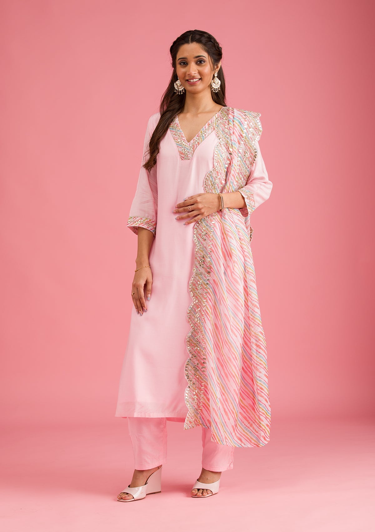 Baby Pink Gotapatti Semi Crepe Readymade Salwar Suit-Koskii