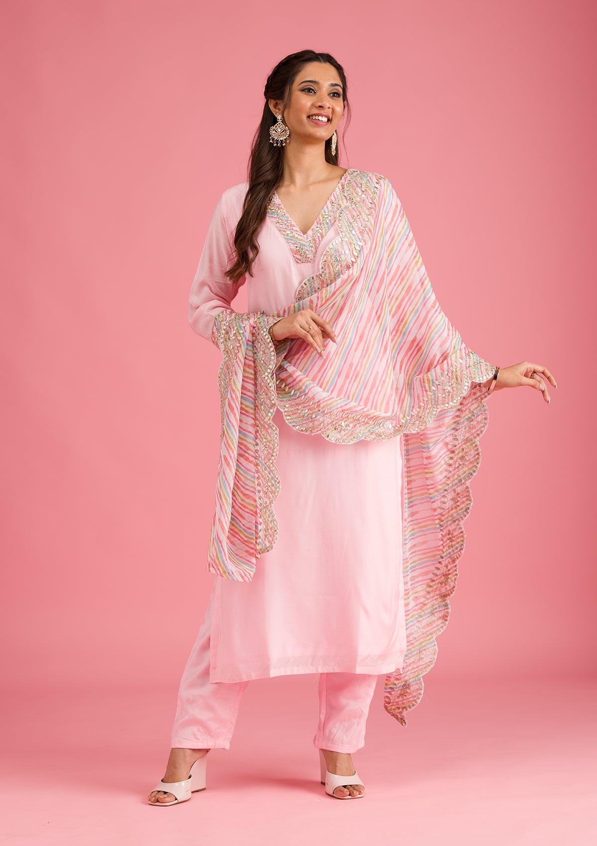 Baby Pink Gotapatti Semi Crepe Readymade Salwar Suit-Koskii