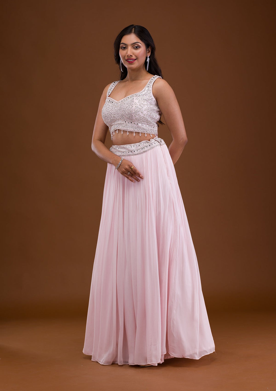 Baby Pink Mirrorwork Net Readymade Lehenga-Koskii