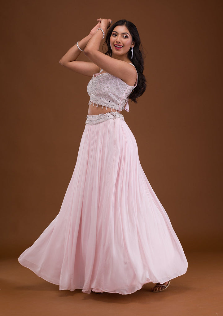 Baby Pink Mirrorwork Net Readymade Lehenga-Koskii
