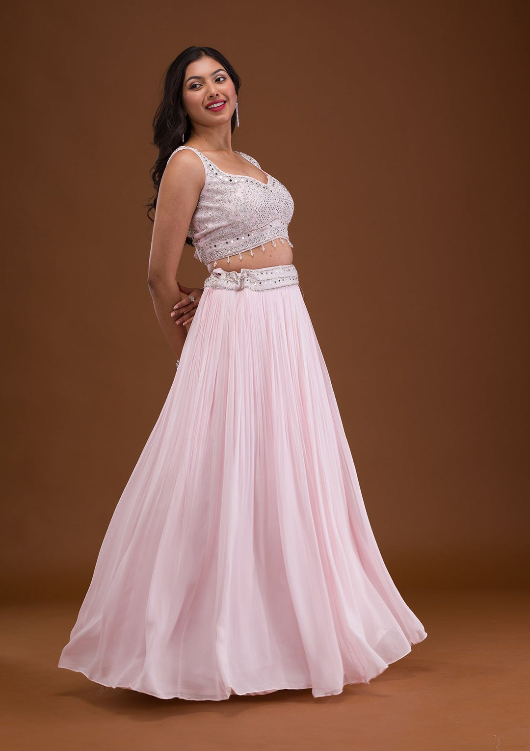 Baby Pink Mirrorwork Net Readymade Lehenga-Koskii