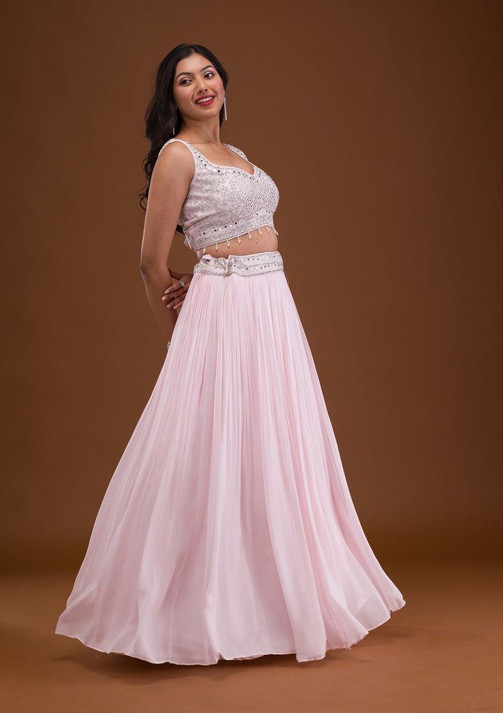 Baby Pink Mirrorwork Net Readymade Lehenga-Koskii