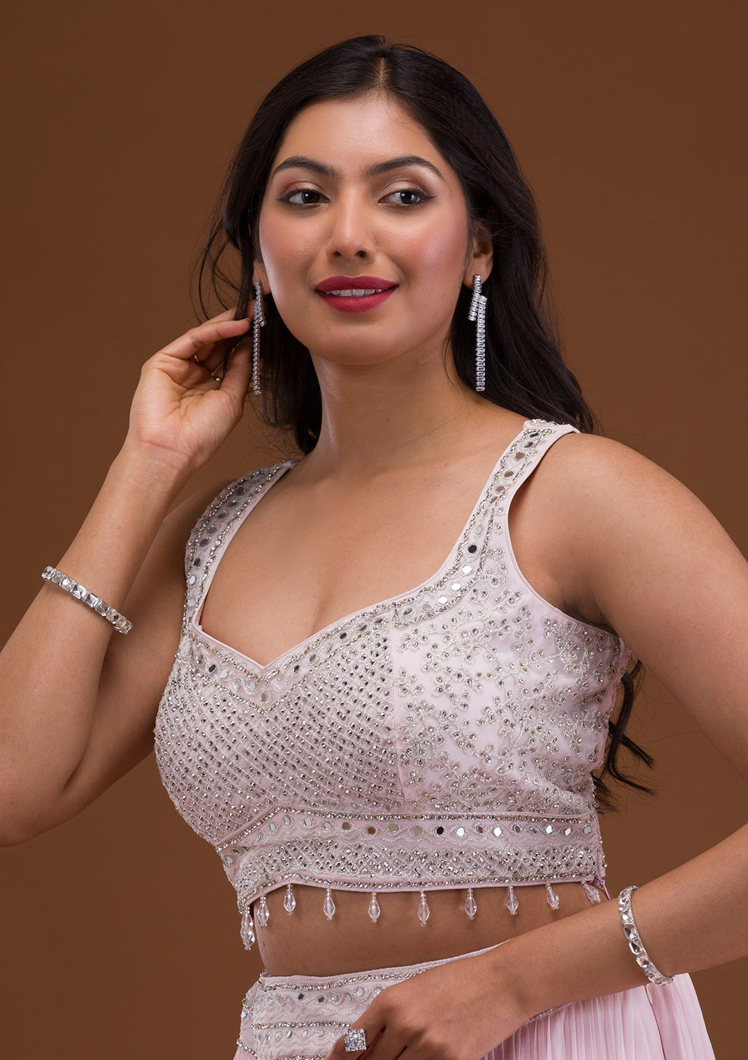 Baby Pink Mirrorwork Net Readymade Lehenga-Koskii