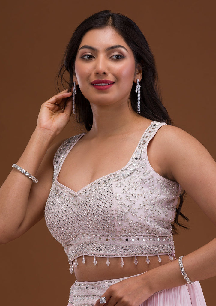 Baby Pink Mirrorwork Net Readymade Lehenga-Koskii