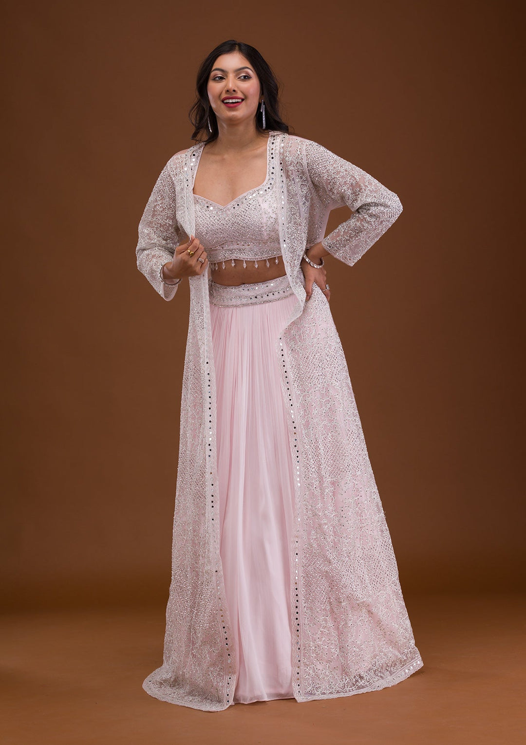 Baby Pink Mirrorwork Net Readymade Lehenga-Koskii