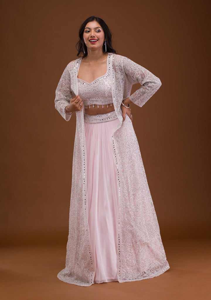 Baby Pink Mirrorwork Net Readymade Lehenga-Koskii