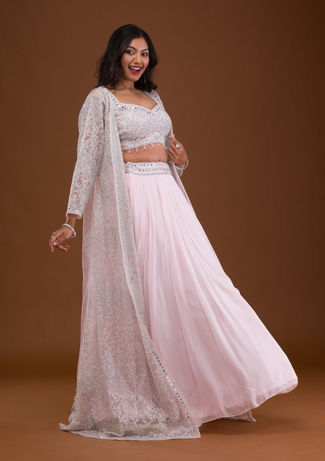 Baby Pink Mirrorwork Net Readymade Lehenga-Koskii