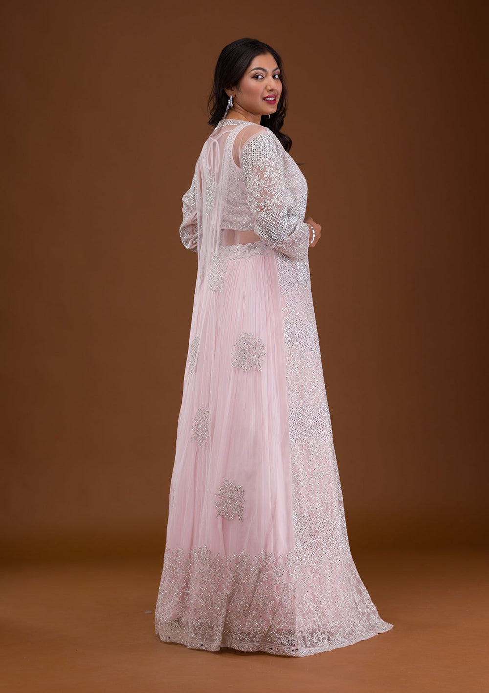Baby Pink Mirrorwork Net Readymade Lehenga-Koskii