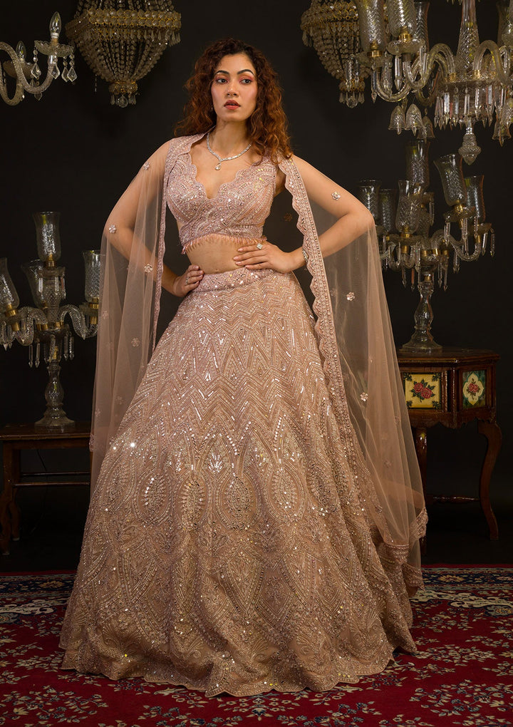 Baby Pink Mirrorwork Net Readymade Lehenga-Koskii