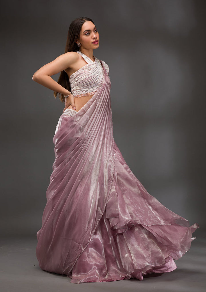 Baby Pink Pearl Work Shimmer Organza Saree-Koskii
