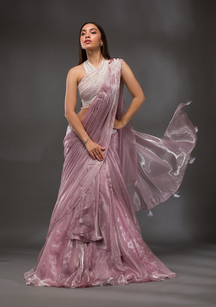 Baby Pink Pearl Work Shimmer Organza Saree-Koskii
