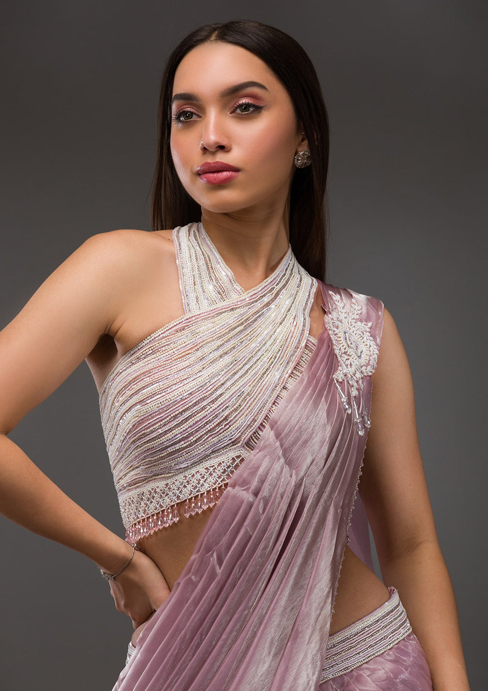 Baby Pink Pearl Work Shimmer Organza Saree-Koskii