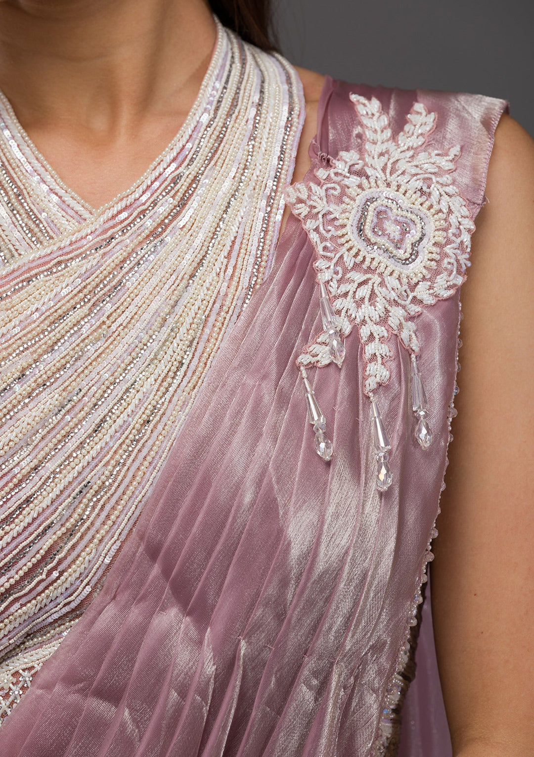 Baby Pink Pearl Work Shimmer Organza Saree-Koskii