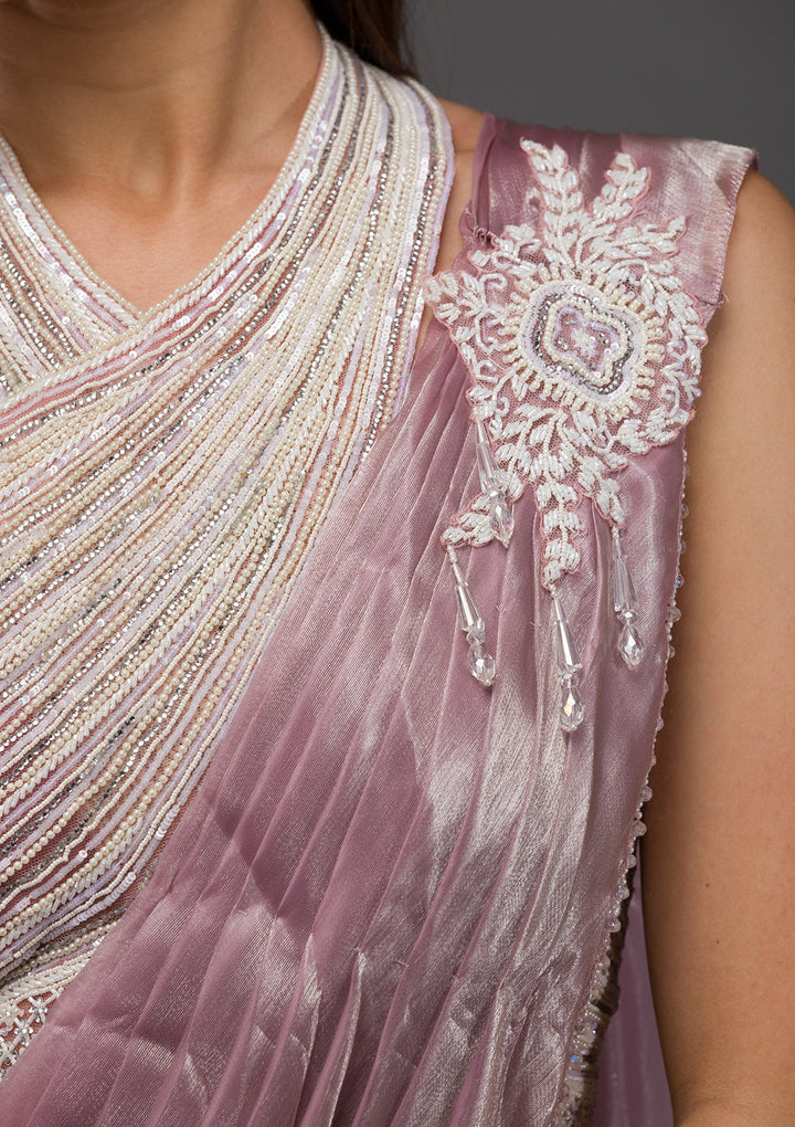 Baby Pink Pearl Work Shimmer Organza Saree-Koskii