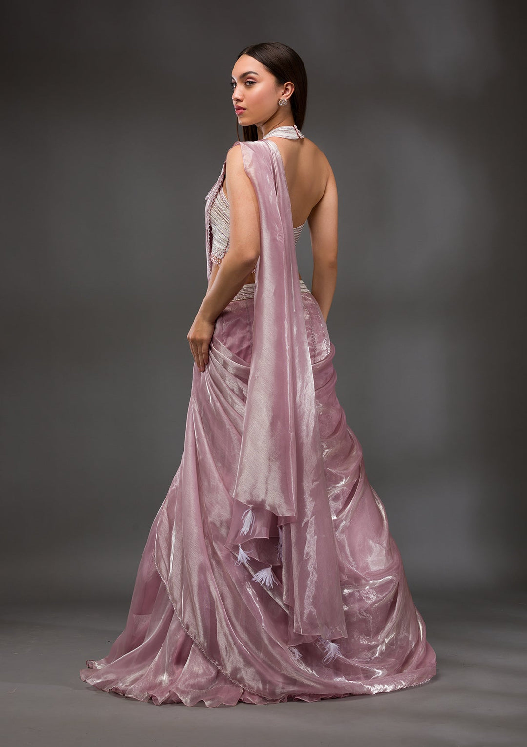 Baby Pink Pearl Work Shimmer Organza Saree-Koskii