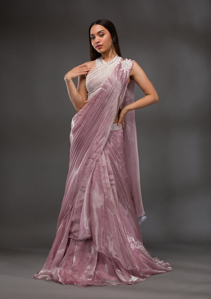 Baby Pink Pearl Work Shimmer Organza Saree-Koskii
