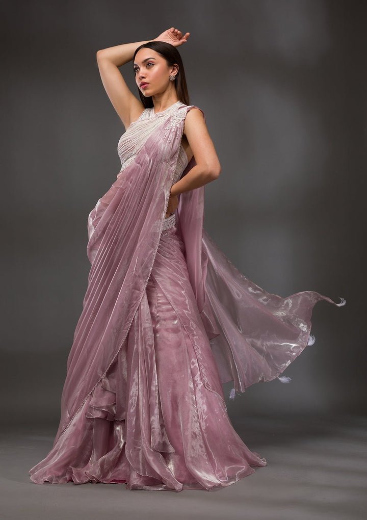 Baby Pink Pearl Work Shimmer Organza Saree-Koskii