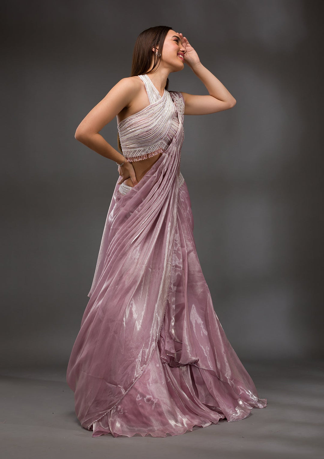 Baby Pink Pearl Work Shimmer Organza Saree-Koskii