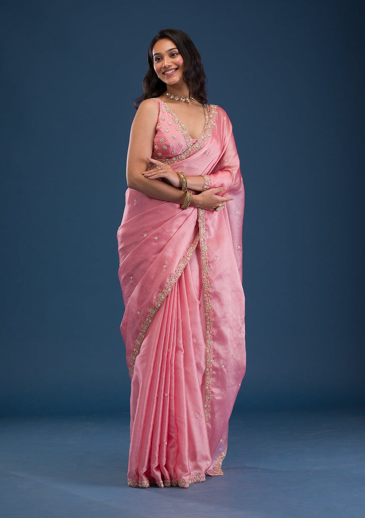 Baby Pink Pearlwork Tissue Saree-Koskii