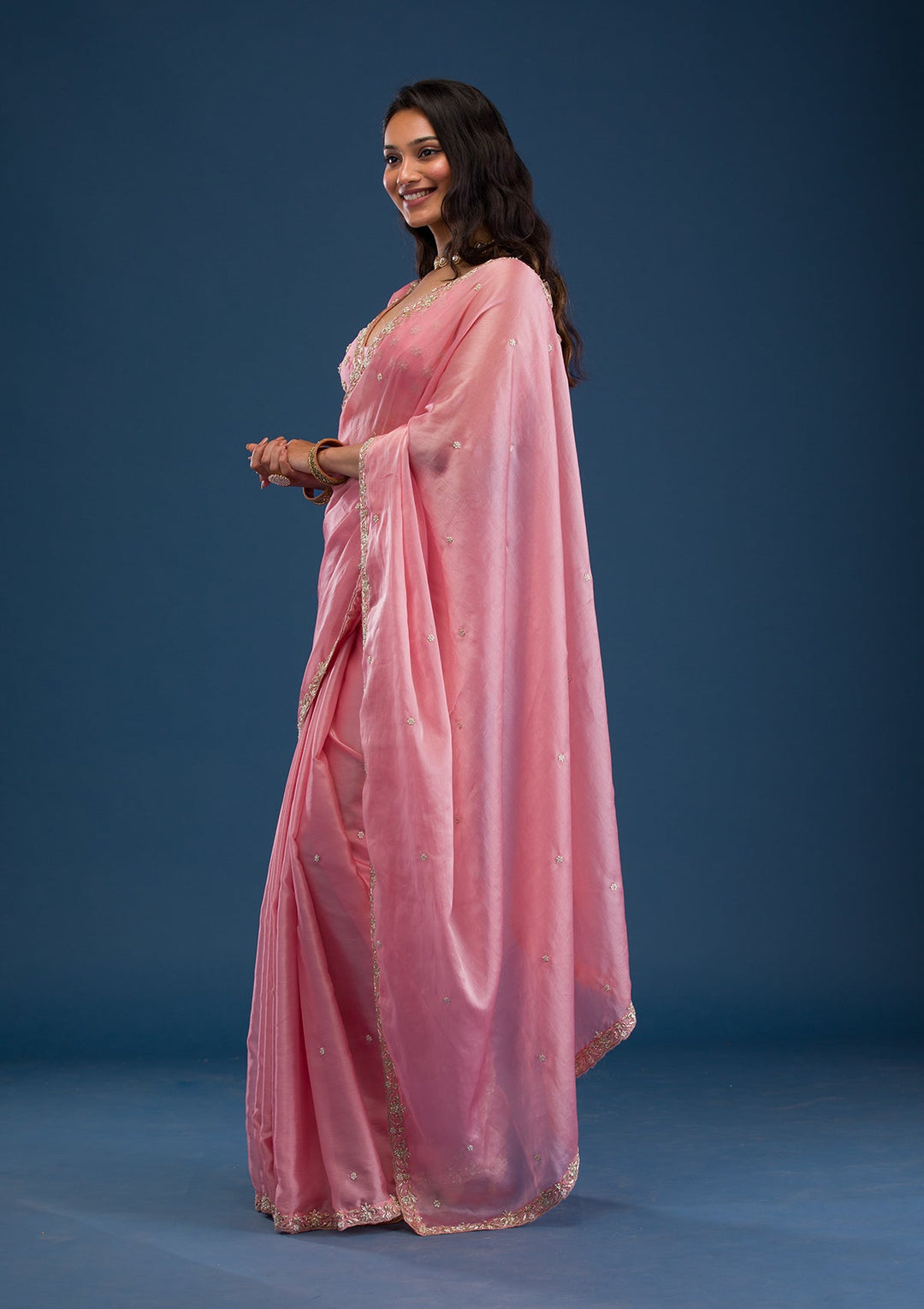 Baby Pink Pearlwork Tissue Saree-Koskii