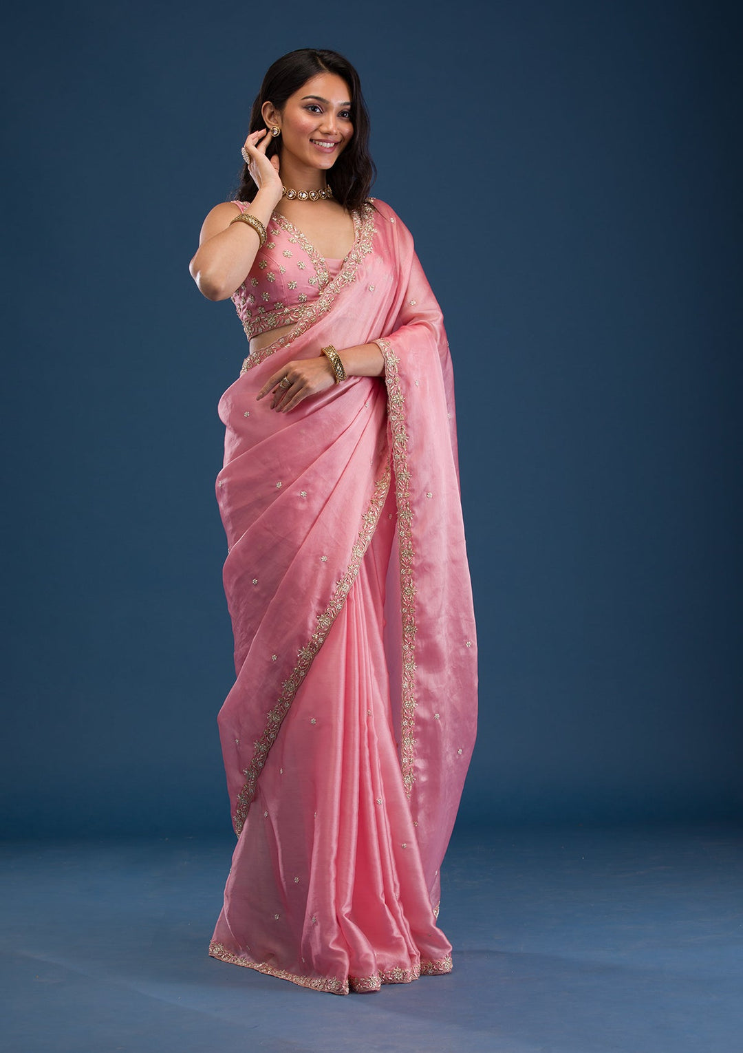 Baby Pink Pearlwork Tissue Saree-Koskii