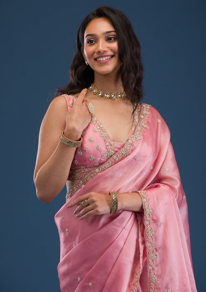 Baby Pink Pearlwork Tissue Saree-Koskii