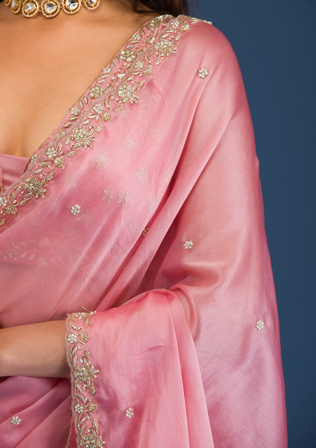 Baby Pink Pearlwork Tissue Saree-Koskii