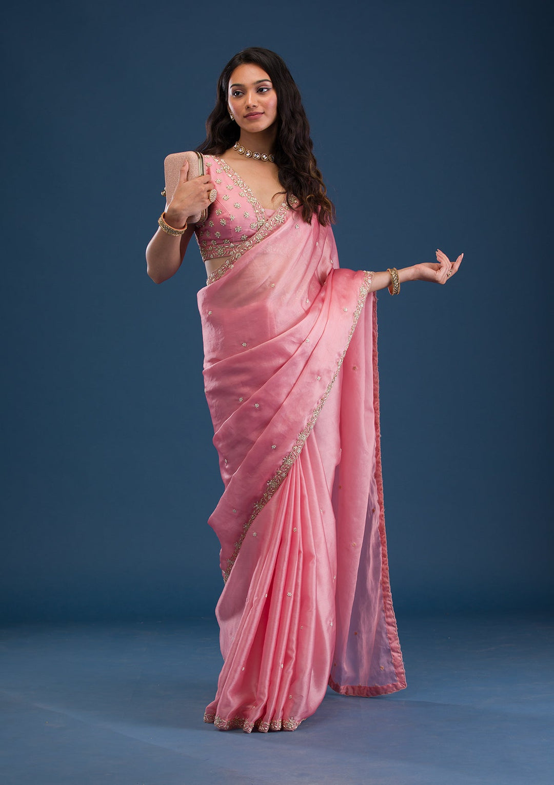 Baby Pink Pearlwork Tissue Saree-Koskii