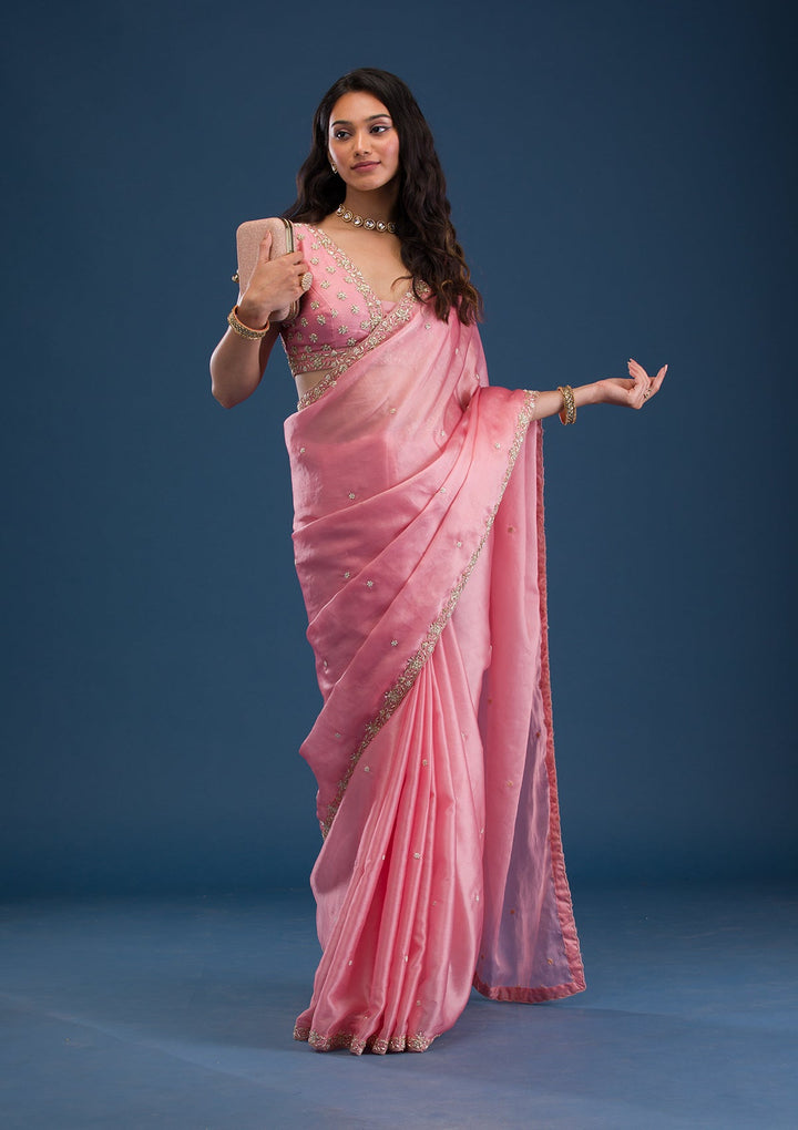 Baby Pink Pearlwork Tissue Saree-Koskii